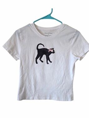 Black Cat Graphic White Baby Tee with Pink Bow. Cotton tee size M